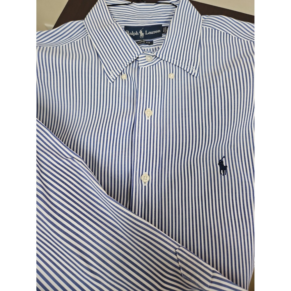 Ralph Lauren Classic Fit Blue White Pinstripe  Sleeve Shirt 16 1/2  32/33